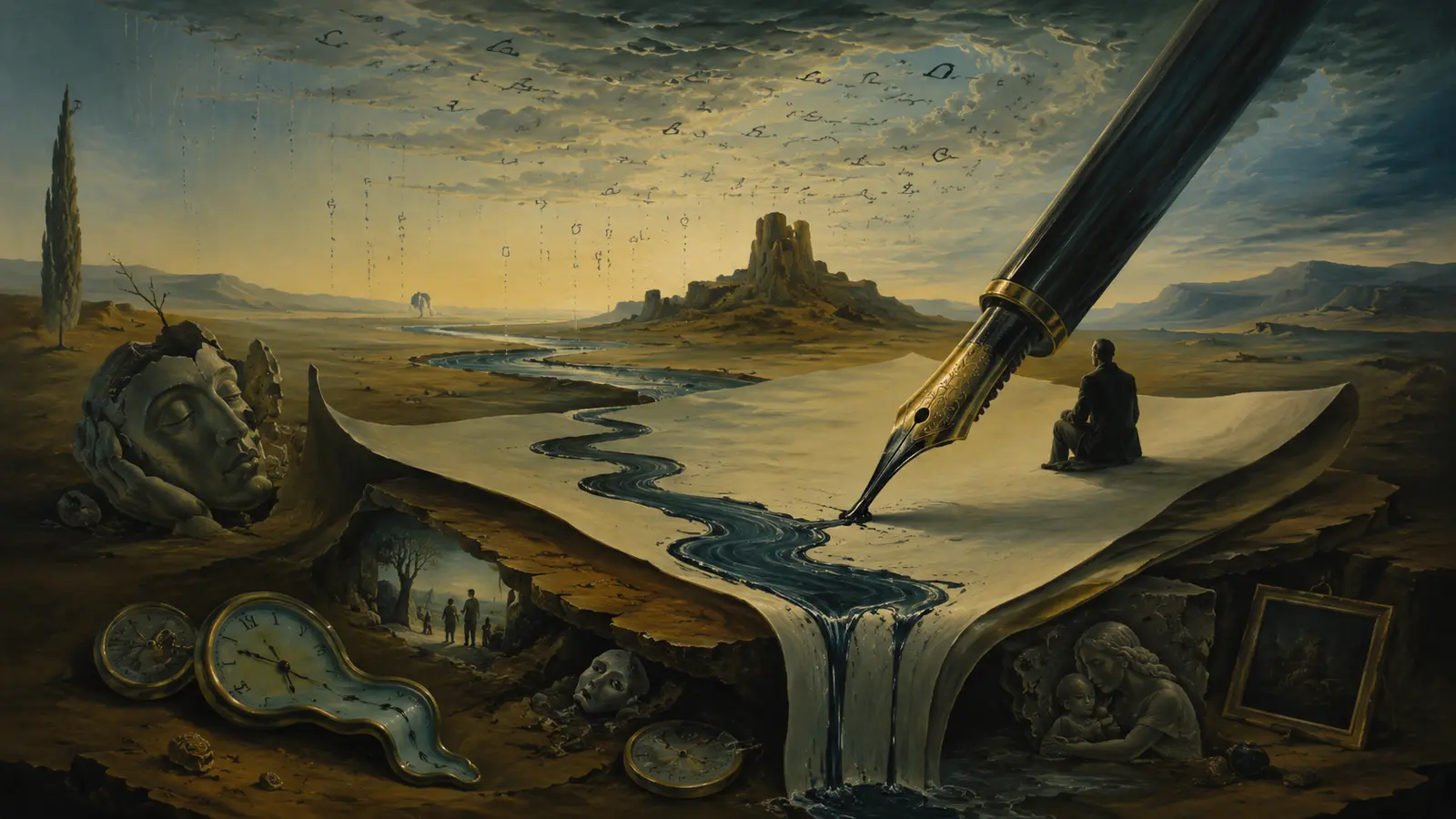 Giant fountain pen drawing a river of ink across a surreal paper landscape