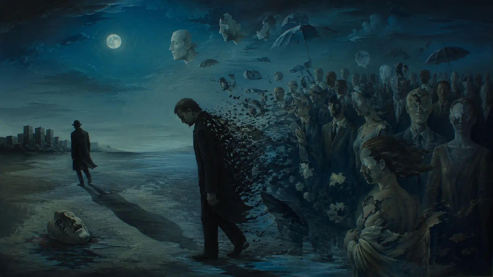 Lonely man dissolving into a crowd under a moonlit surreal sky