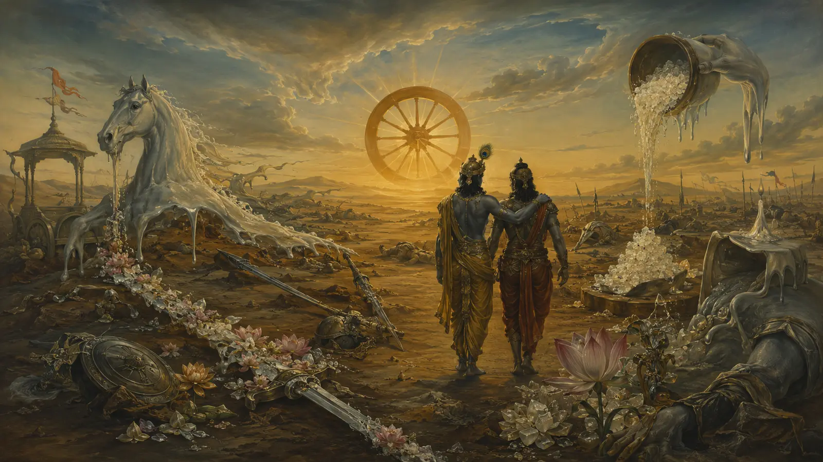 Krishna and Arjuna walking through a surreal battlefield of war, friendship, and sweetness