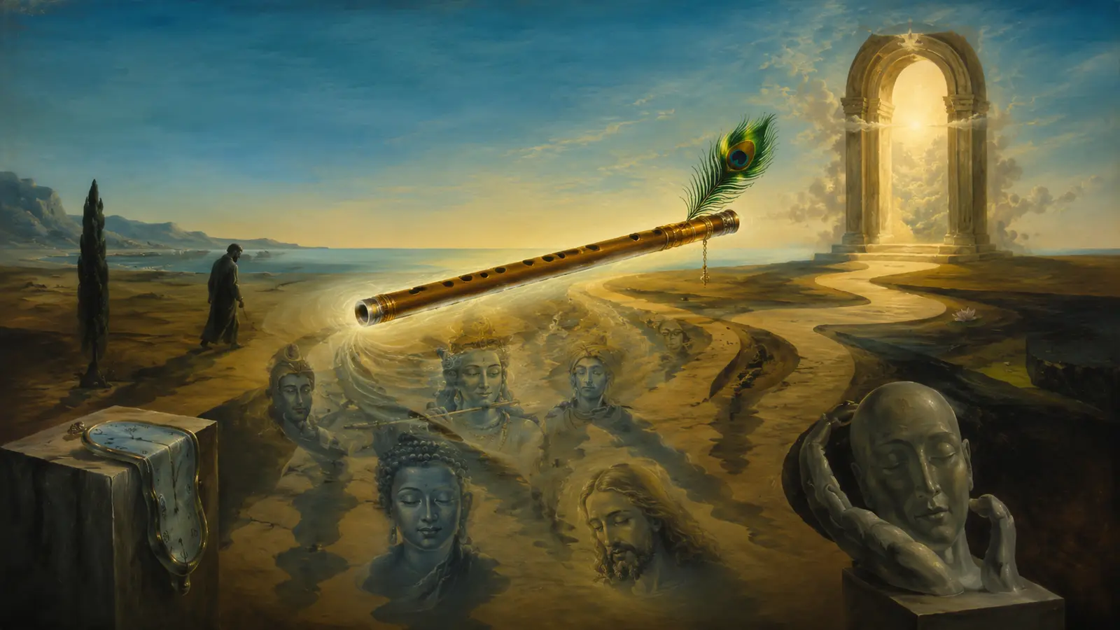 Golden flute and spiritual figures in a surreal landscape of divine unity