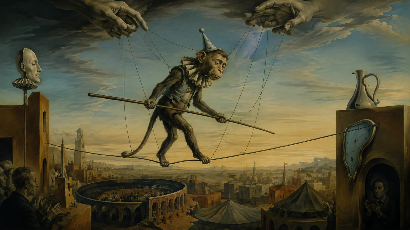 Surreal monkey marionette walking a tightrope above a dreamlike circus