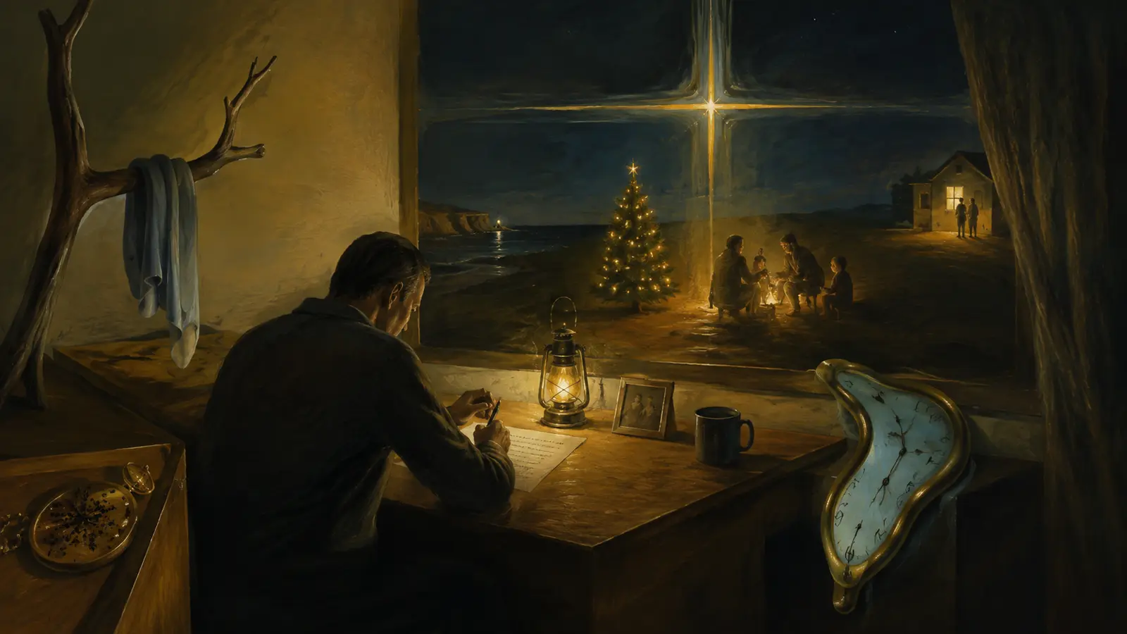Man writing by lamplight while a glowing cross-shaped window overlooks a quiet family scene