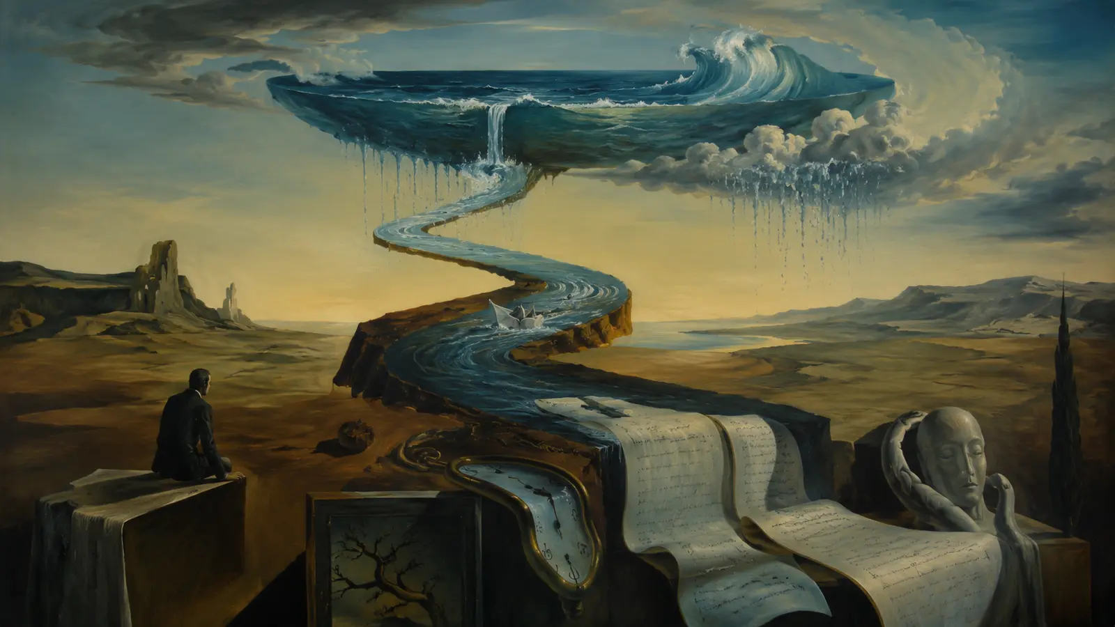 Surreal river rising toward a floating ocean in the sky